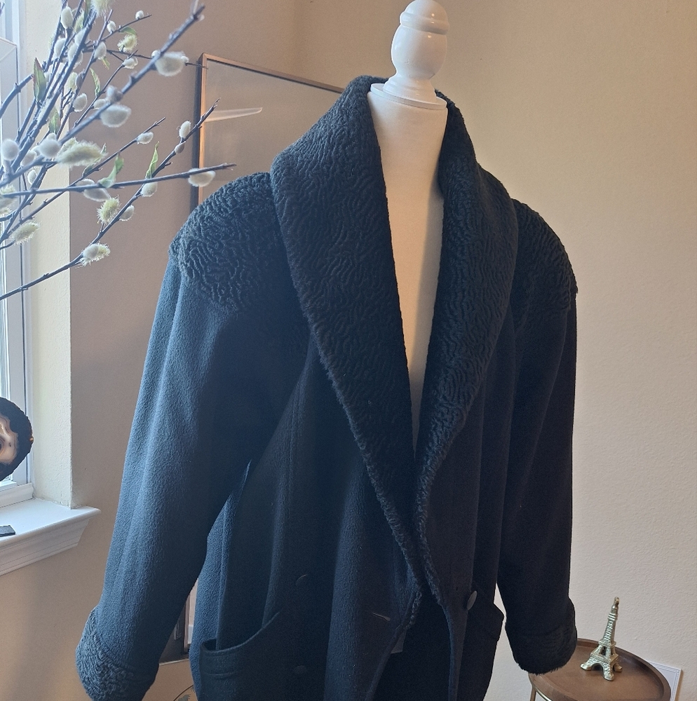 Vintage Black Persian Lamb Fur and Wool  Double Breastrd Coat M/L
